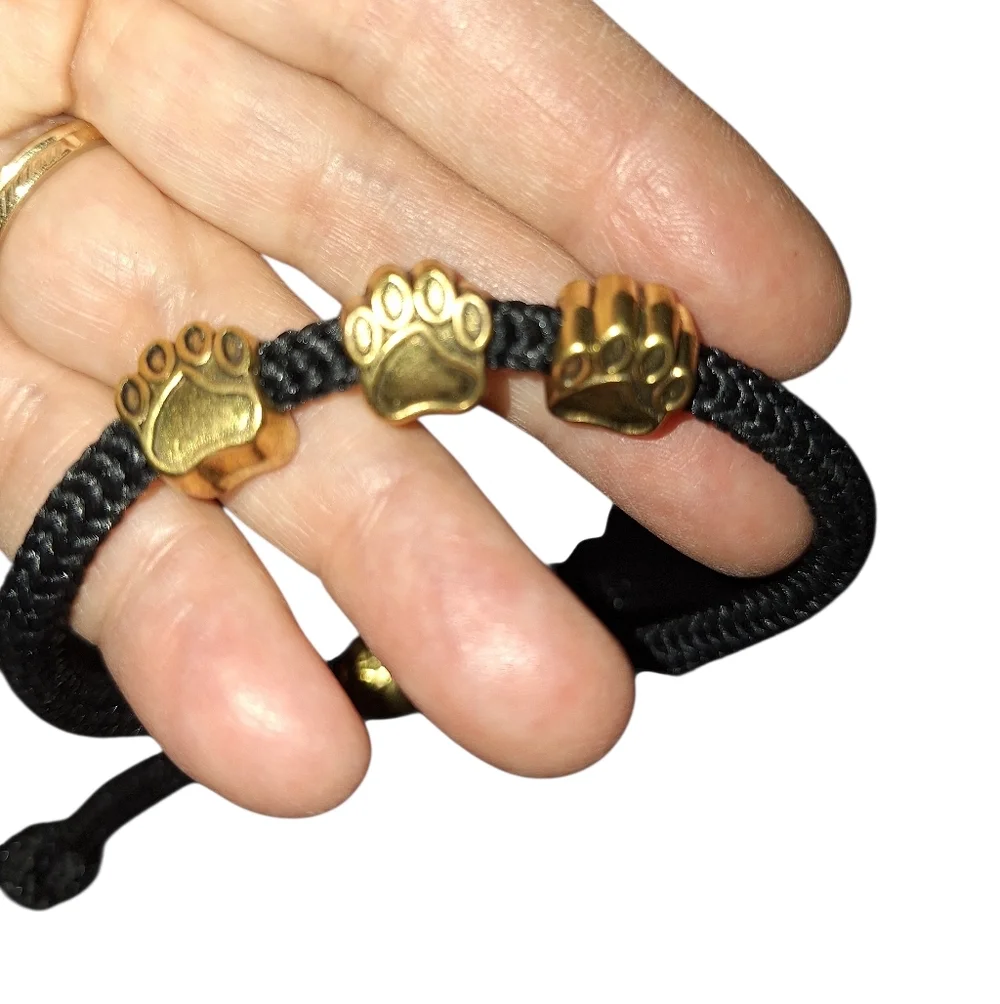 Gold Toned BEAR PAW Beaded BLACK Cord Pull Style BRACELET Unisex